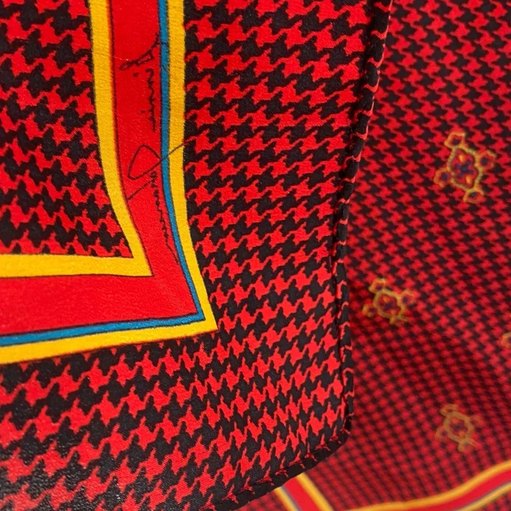 Vintage Ginnie Johansen Red Black Yellow Houndstooth Long Silk Scarf